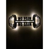 Sem Concept Aa Pilli Ledli No Pain No Gain Dekoratif Duvar Yazısı, Ahşap Işıklı Dumbell Tablo - 54x24 - Siyah