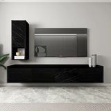 Sema T007 Duvara Monte Modern Tv Ünitesi - Kapaklı Raflı Tasarım Ahşap Siyah/Mermer