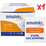 Semateks Steril Pamuklu Dokuma Gaz Kompres Gazlı Bez | 7,5cm x 7,5cm | 4 Katlı | 100'LÜ (5'li Zarf x 20) Klasik - 1 KUTU