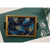 Sembol 50X31CM Kulplu Gold Tavuskuşu Tüyü Desenli Ahşap/cam Tepsi A-1018