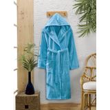 SEMECCA TEXTILE Pamuklu Kadife Kapüşonlu Unisex Mürdüm Bornoz L-XL Turkuaz