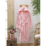 SEMECCA TEXTILE Pamuklu Kadife Kapüşonlu Unisex Mürdüm Bornoz S-M Pudra
