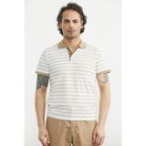 Sementa Polo Yaka Çizgili Pike Kumaş Tişört - Beyaz - Taş - Beyaz - Taş - 3XL