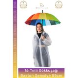 #Şemsiye Otomatik Rüzgara Dayanıklı Fiber Kaliteli Sağlam 16 Telli Gökkuşağı Baston Şemsiye 55Cm