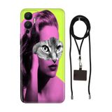 Senada Infinix Hot 12 ile Uyumlu Kılıf Cat Face Desenli Silikon İpli Boyun Askı Aparatı