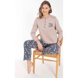 Senfoni Kadın Düğme Yaka Uzun Kol Pamuklu Pijama Takımı 6021 -1 Adet Bej-L