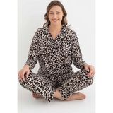 Senfoni Kadın Gömlek Yaka Uzun Kol Leopar Desenli Pamuklu Pijama Takımı 6007 -1 Adet Kahverengi-L