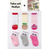 Senihan 6'lı Kız Çocuk Pamuklu Meyve ve Kedi Desenli Çorap Seti + Hediye Toka Seti - 3-4 Yaş - Mix