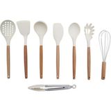 Senin Dükkanın Beyaz Çizmez Silikon Bambu Spatula, Kevgir, Kepçe, Makarna Ve Salata Kaşığı, Maşa 8'Li Set
