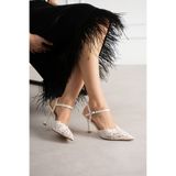 senin shoes HENNA Beyaz Dantel Nakış Detay Bilek Bağlı İnce topuklu GELİN AYAKKABISI