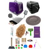 SENNEDİLERSEN 25 Parça Kedi Başlangıç Seti, Mor, Kedi Tuvaleti, Taşıma Çantası, Yatağı, Tırmalama Tahtası, Kumu, Maması ve Aksesuarları