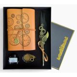 Senon Steampunk Tüy Kalem Seti Dişli Tasarımlı Doldurulabilir Divitli Deri Defter Mürekkep Şişesi ve Tüylü Divit Seti Özel Tasarım Hediyelik (Açık Kahve)