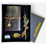 Senon Steampunk Tüy Kalem Seti Dişli Tasarımlı Doldurulabilir Divitli Deri Defter Mürekkep Şişesi ve Tüylü Divit Seti Özel Tasarım Hediyelik (Siyah)