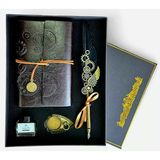 Senon Steampunk Tüy Kalem Seti Dişli Tasarımlı Doldurulabilir Divitli Deri Defter Mürekkep Şişesi ve Tüylü Divit Seti Özel Tasarım Hediyelik (Siyah)