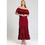 Sense Elb34315 A.Bordo Degaje Yaka Yakası Lastikli Dokuma Viskon Uzun Elbise