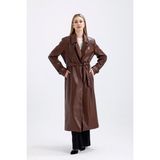 Sense Kadın Astarlı Suni Deri Trençkot Pardüsü Beli Kuşaklı Oversize Model - Çikolata - 50