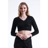 Sense Simli Sakallı Abiye Crop Bluz | Siyah BLZ35283