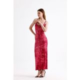 Sense Yırtmaçlı Askılı Likralı Viskon Elbise | Bordo Batik ELB35782