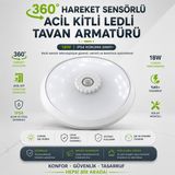 Sensörlü 18W Led Tavan Armatürü Acil Kitli 360 Derece Hareket Sensörlü Tavan Lambası Beyaz