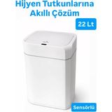 Sensörlü Çöp Kovası 22 Litre | Kızılötesi Sensörlü Otomatik Kapak | Sessiz & Antibakteriyel | - Beyaz - 29,5*35*44