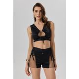 Sensure Siyah Esnek Saten Tül Detaylı Kısa Pijama Takımı