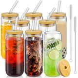 SENTVEND 20 oz Bambu Kapaklı ve Cam Pipetli İçme Bardakları - 8 Adet Şekilli Cam Bardak Bira ve Buzlu Kahve Bardakları Sevimli Bardak Soda Boba Çay Kokteyli için Harika 2 Temizleme Fırçası Dahil