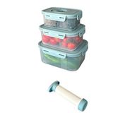 Seoul Vakumlu Saklama Kabı Seti, 600ml + 1300ml + 2500ml, Tarih Göstergeli, Mavi