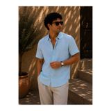 sepetx Erkek Buz Mavisi Müslin Oversize Kısa Kollu Gömlek Yazlık Nefes Alan Pamuklu Dokulu Rahat Kesim Basic Casual Günlük Tatil Plaj Şık Gömlek