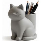 Sepetzone 3D Baskı Kedi Kalem Tutucu - Sevimli Kedi Figürlü Kalemlik, Masa Üstü Dekor, Hediyelik - Gri