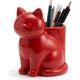 Sepetzone 3D Baskı Kedi Kalem Tutucu - Sevimli Kedi Figürlü Kalemlik, Masa Üstü Dekor, Hediyelik - Kırmızı