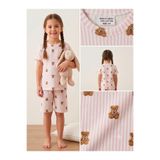 SeplyHome Kız Çocuk %100 Pamuk Ayıcık Desenli Çizgili Kısa Kollu Şortlu Pijama Takımı