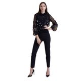Sequin Detaylı Transparan Kol Bluz – Işıltılı Görünümüyle Göz Alıcı Şıklık, SİYAH, 40