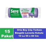 Sera Çöp Torbası Büzgülü Lavanta Kokulu Orta Boy 10 Lu 55 x 60 cm x 15 Paket