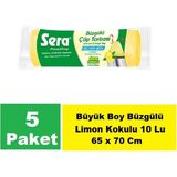 Sera Çöp Torbası Büzgülü Limon Kokulu Büyük Boy 10 Lu 65 x 70 cm x 5 Paket