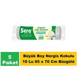 Sera Çöp Torbası Büzgülü Nergis Kokulu Büyük Boy 10 Lu 65 x 70 cm x 5 Paket