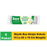 Sera Çöp Torbası Büzgülü Nergis Kokulu Büyük Boy 10 Lu 65 x 70 cm x 8 Paket