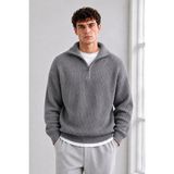 Serablanka Erkek Oversize Yarım Fermuarlı Triko Kazak Gri - 2XL