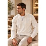 Serablanka Erkek Standart Fit Saç Örgü Yarım Fermuarlı Triko Kazak - Beyaz - 2XL