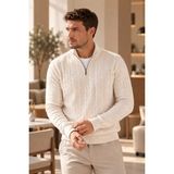 Serablanka Erkek Standart Fit Saç Örgü Yarım Fermuarlı Triko Kazak - Beyaz - XL