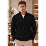 Serablanka Erkek Standart Fit Saç Örgü Yarım Fermuarlı Triko Kazak - Siyah - XL