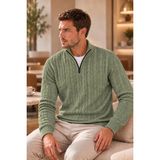 Serablanka Erkek Standart Fit Saç Örgü Yarım Fermuarlı Triko Kazak - Yeşil - 2XL