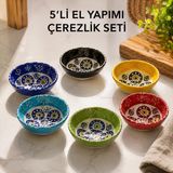 Seramik 6'lı Kase Seti El Yapımı Çerezlik, Reçellik, Sosluk & Kahvaltılık Sunum Takımı Elde Boyanmış Renkli Desenli Dekoratif Mini Kaseler Yeni Ev & Söz Nişan Butik Hediyesi, Nazar Sharm