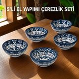 Seramik 6'lı Kase Seti El Yapımı Çerezlik, Reçellik, Sosluk & Kahvaltılık Sunum Takımı Elde Boyanmış Renkli Desenli Dekoratif Mini Kaseler Yeni Ev & Söz Nişan Butik Hediyesi, Round Blue