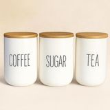 Seramik Bambu Kapaklı Beyaz Kavanoz Seti 1000 ml – Coffee/sugar/tea – Bambu Kapaklı
