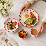 Seramik El Yapımı Kahvaltı Takımı 4 Parça Kahvaltı Seti Oval Seramik Sunum Tabağı Çeyizlik Takım, Red Love