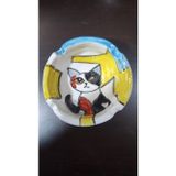 Seramik El Yapımı Küllük, Kedi Desenli, Renkli, Yuvarlak, 10 cm Çap, 1 Adet