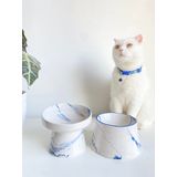 Seramik Kedi Ve Köpek Mama Su Kabı MAVİ EBRU & Colorful Moon Bowl ÇİZGİLİ MAAVİ EBRULİ 2'Lİ
