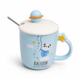 Seramik Kupa, Astronot Panda Balloon Temalı, Mavi, Kapaklı ve Kaşıklı, 380ml