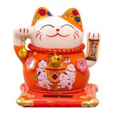 Seramik Maneki Neko Turuncu Güneş Enerjili Şans Kedisi 12cm No.4