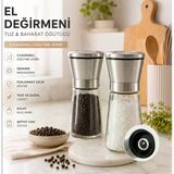 Seramik Öğütücülü 5 Kademe Ayarlı Tuz Ve Karabiber El Değirmeni - 180 Ml Şeffaf Cam Hazne 13 Cm 2'Li Set